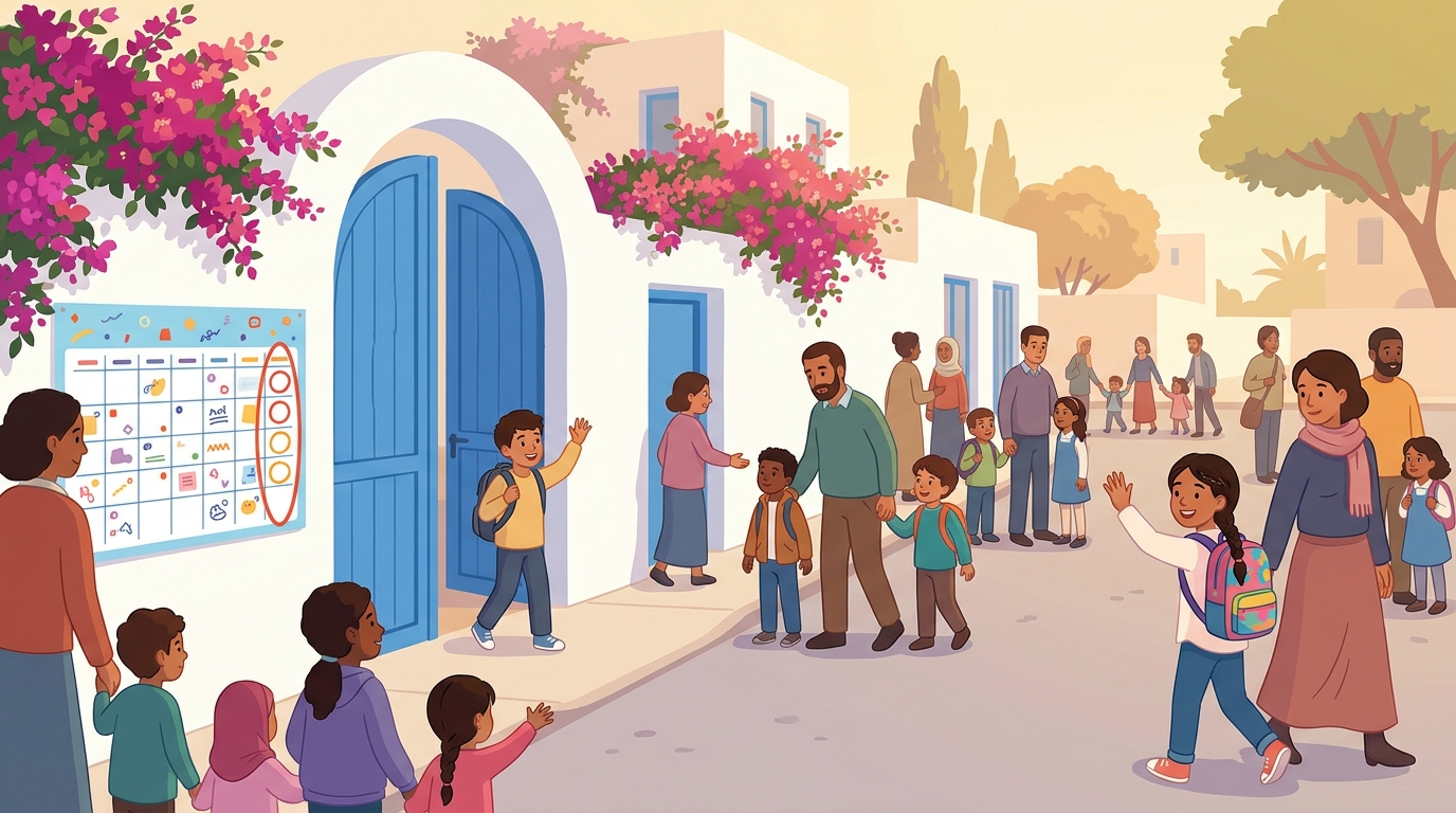 Vendredi après-midi devant une école tunisienne aux portes bleues : les élèves se disent au revoir, un calendrier au mur entoure le week-end